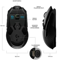 Logitech G903 Lightspeed Wireless Gaming Mouse w/Hero 25K Sensor, 140+ Hour with Rechargeable Battery and LIGHTSYNC RGB. POWERPLAY Compatible, Ambidextrous, 107g+10g Optional, 25,600 DPI - Black